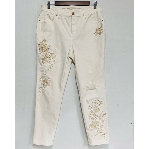 Chicos So Slimming Girlfriend Ankle Jeans   Off White With Gold Embroidery   Sz - Picture 1 of 8